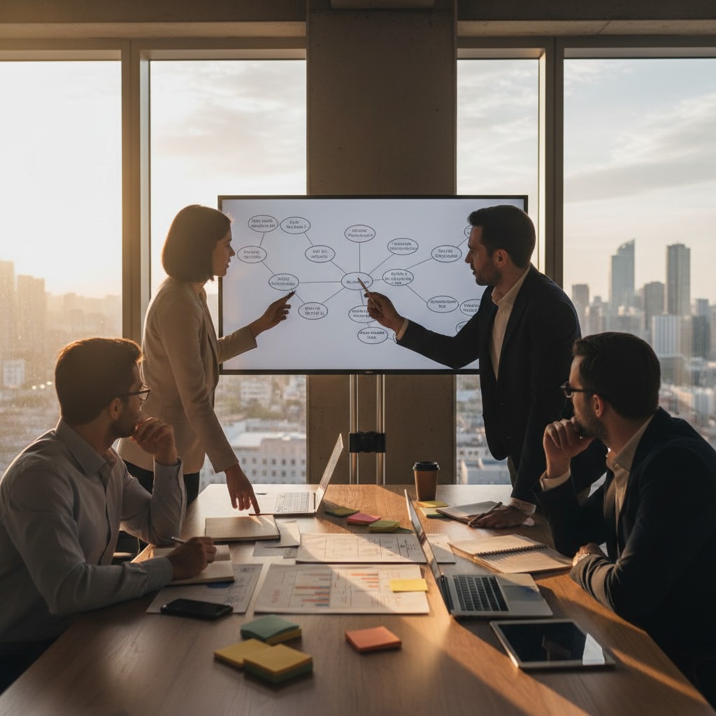 A team of professionals collaborates in a sunlit boardroom while discussing a flowchart displayed on a large screen.