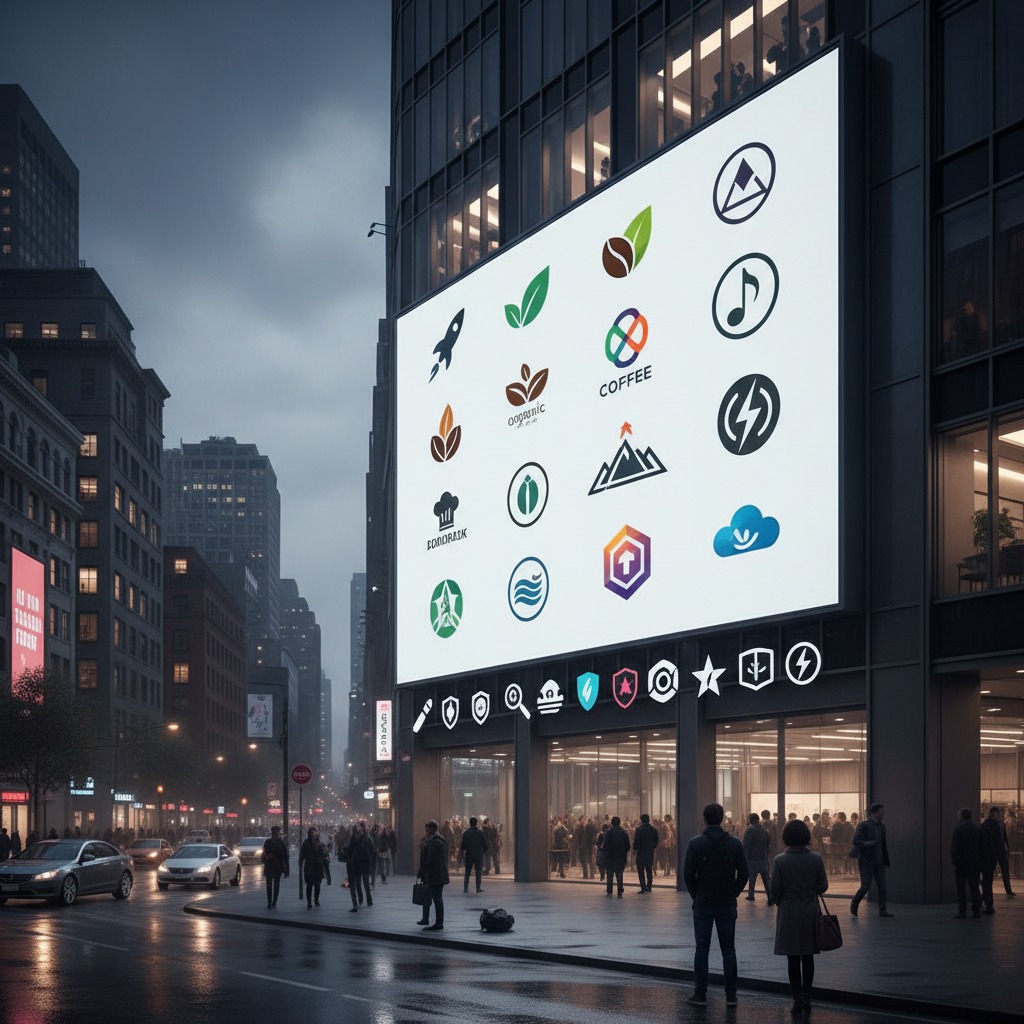 A large digital billboard on a city building displays a grid of various minimalist icons and logos above a busy street at dusk.